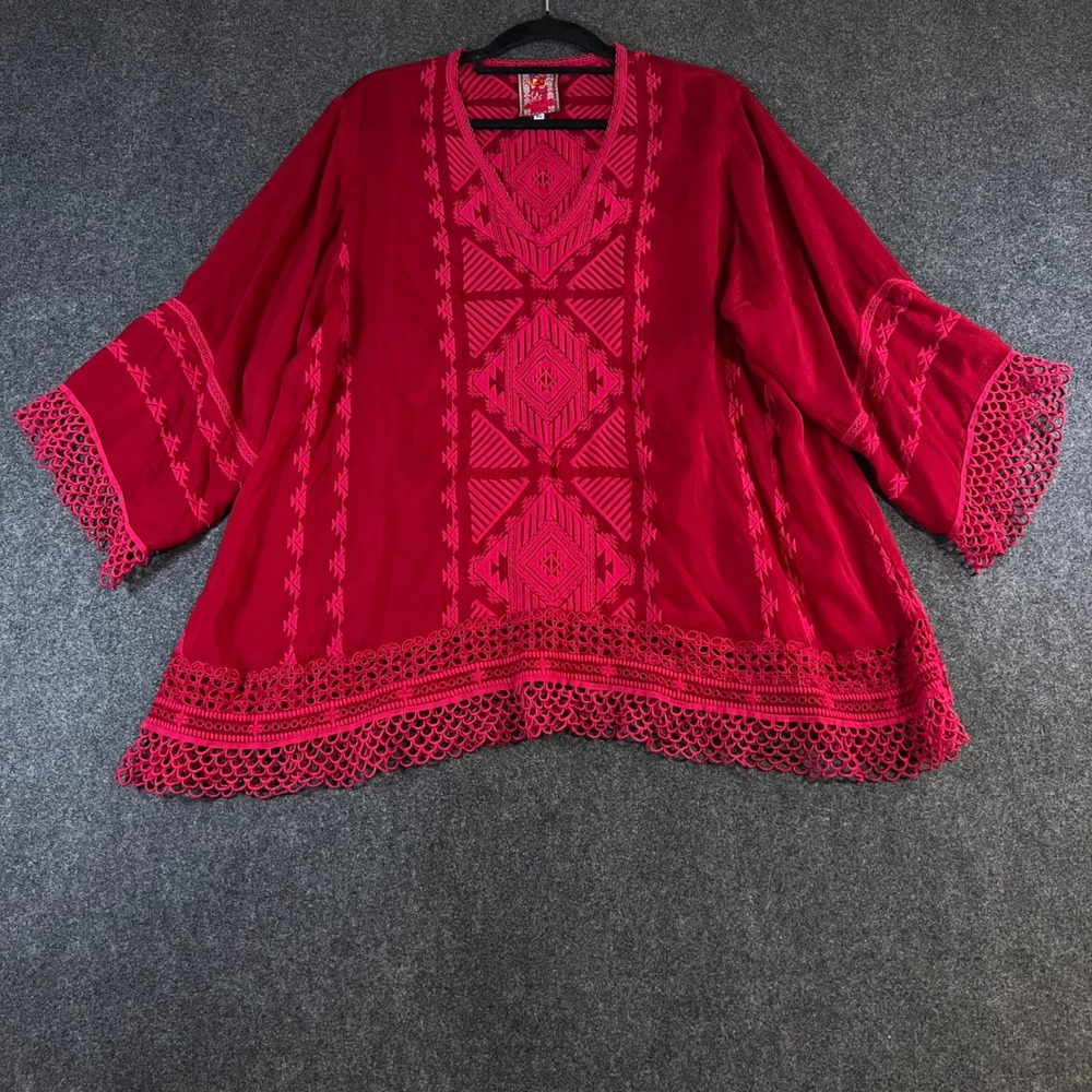 Johnny Was Red Embroidered Cupra Rayon Tunic Top Crochet Trim XL Boho Aztec